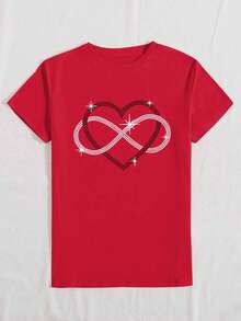 SHEIN Camiseta casual de manga corta con escote redondo, estampado de corazón de rhinestone para mujer, Tops gráficos de verano para mujeres - Rojo - Ver 3