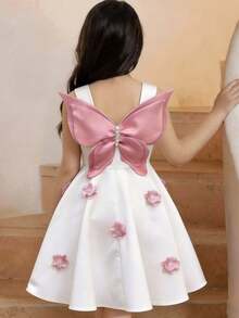 SHEIN Tween Girls White&Pink Butterfly Pattern 3D Elegant Floral Waist A-Line Formal Dress Girl With Bows Flower Bow 3 D Flowers - White - View 2