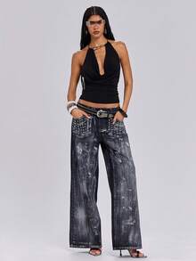 ROMWE Top sin espalda con cuello drapeado, unicolor y versátil, estilo Y2K - Negro - Ver 1