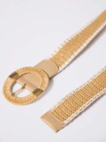 MUSERA Straw Woven Gold Buckle Detail Belt Spring Summer Beach Festival Vacation Cute Daily - Khaki - View 5