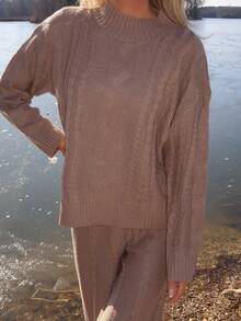 Sydney Algeri Women's Khaki Crew Neck Long Sleeve Casual Sweater Top And Pants 2-Piece Set, Winter Outfit,Fall,Fall Clothes For Women - Khaki - View 5