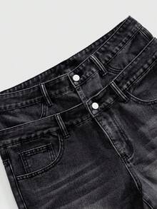 ROMWE MEN Quần short denim nam có túi, cài nút, in chữ nổi, gấu quần tua rua, kiểu dáng thường ngày, đa năng. - màu đen - Xem 3