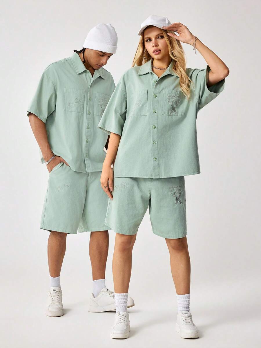 MONOPOLY X SHEIN 男士纯色 Polo 领单排扣短袖衬衫和口袋短裤休闲日常套装 - 綠色 - 查看 1