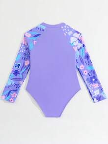 SHEIN 少女可爱海滩度假紫色拼接热带花卉印花连体泳衣 - 紫色 - 查看 2