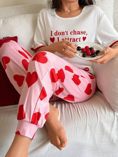 SHEIN 心形字母印花休闲圆领短袖女士睡衣套装