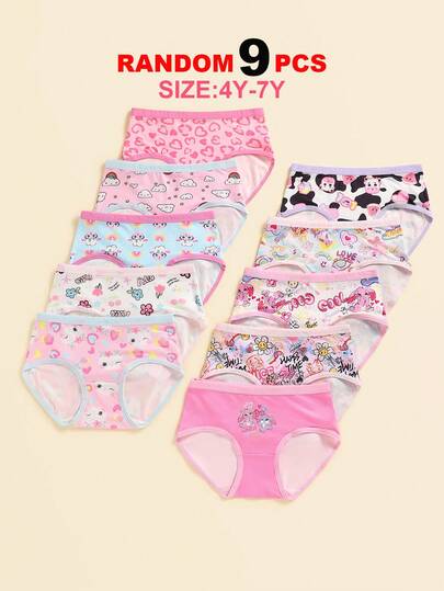 9pcs/Set Girls Cartoon Animal, Heart, Rainbow, Cloud Print Minimalist Fashion Briefs Underwear