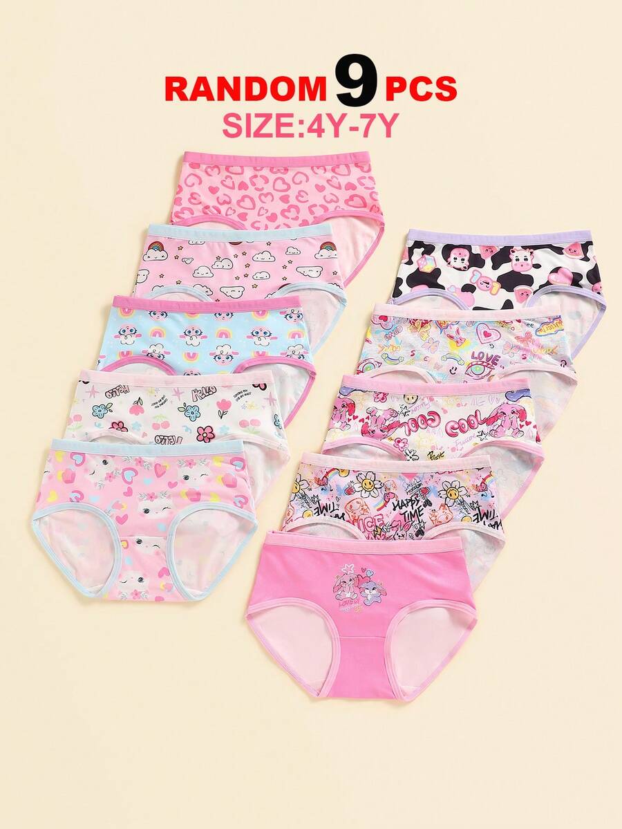 9pcs/Set Girls Cartoon Animal, Heart, Rainbow, Cloud Print Minimalist Fashion Briefs Underwear - Multicolor - View 1