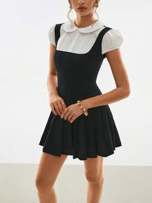 Poéselle Women's Cute Mini Dress With Peter Pan Collar And Puff Sleeves, 2 In 1 - Black and White - View 8