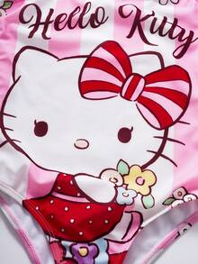 HELLO KITTY AND FRIENDS | SHEIN 1件少女可爱休闲卡通条纹图案连体泳衣 - 彩色 - 查看 4