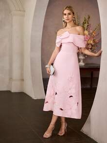 MOTF Soiréza WOMEN'S OFF THE SHOULDER EMBROIDERED SATIN PARTY EVENING DRESS, SPRING/SUMMER - Pink - View 6