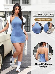 Flexra 女士修身时尚性感露背牛仔连衣裙 - 藍色 - 查看 1