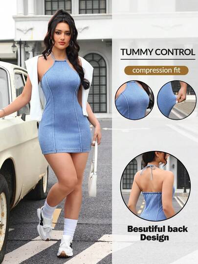 Flexra 女士修身时尚性感露背牛仔连衣裙