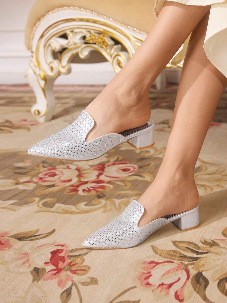 CUCCOO TILAWA Women's Square Toe Silver Rhinestone Decor Plaid Open Toe Low Heel Versatile Fashion Date Night High Heel Sandals