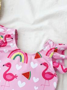 SHEIN Young Girl Backless Bow Decor Ruffle Short Sleeve One-Piece Swimsuit,Kids - Pink - View 8