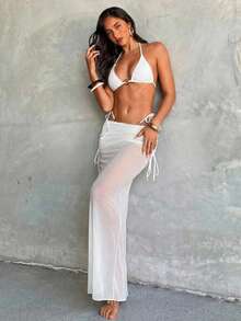 Aloruh 女士三件套比基尼套装，性感优雅浪漫复古白色迷你三角罩杯挂脖上衣、迷你丁字裤和超长纱笼裙，度假/海滩装扮 - 白色 - 查看 3