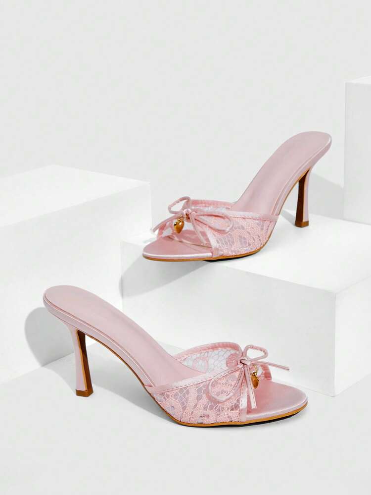 CUCCOO SZL Women's Velvet Bow & Golden Heart Decor Fashion Elegant Romantic Sexy Round Toe Mule High Heel Sandals In Wine Red Spring Shoes Prom Heels