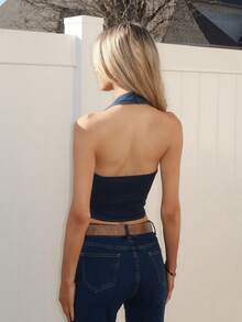 Sydney Algeri 拉鏈開襟繞頸露背牛仔上衣 - 深色水洗藍 - 查看 2