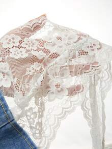 SHEIN Women's Contrast Lace Zip Front Halter Denim Blouse - Blue - View 8