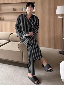 DAZY 春季条纹小狗字母印花长袖衬衫配长裤男士睡衣套装 - 彩色 - 查看 4