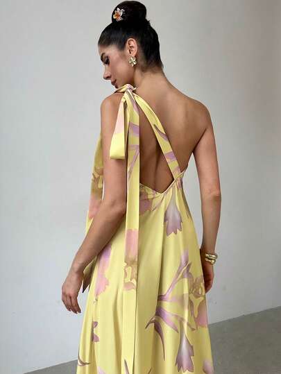 Firerie Women Solid Color Casual Spaghetti Strap Backless Floral Print Loose Hawaiian Vacation Sundress, Yellow Butter Yellow Summer Dress For Women,Boho Clothes Women