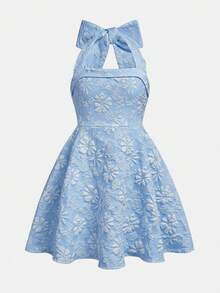 Girlism Tween Girls Blue Jacquard Halter Bow Elegant Dress - Blue - View 4