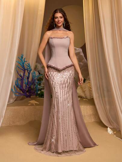 Glamrae Elegant Luxurious Charming Sequin Collar White 3D Handmade Beaded Mermaid Tail Dress With Train, Suitable For Weddings, Parties, Galas, Formal Events (Highly Decorative)