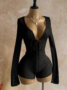 Soleia 性感吊带V领镂空金属海星紧身连衣裙，度假吊带露背系腰毛衣连衣裙，适合假日、音乐节、波西米亚风、海滩、秋冬季穿着。 - 黑色 - 查看 3