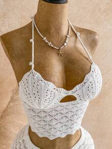 Soleia Women's Sexy Backless Pointelle Knit Halter Top And Mini Skirt Sweater Set For Beach Vacation, Does Not Include Waist Chain - White - View 2