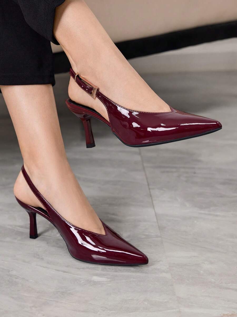 Sleekvia Giày cao gót nữ gợi cảm bằng da bóng, mũi nhọn, gót thấp, hở gót, kiểu slip-on, có khóa cài, màu đỏ rượu vang. - Màu Đỏ Sâu - Xem 1