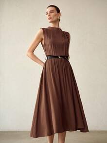 MOTF PREMIUM WOMEN'S NEW SLEEVELESS MANDARIN COLLAR WITH BELT CLASSIC MID-LENGTH DRESS, SPRING/SUMMER - Coffee Brown - View 7