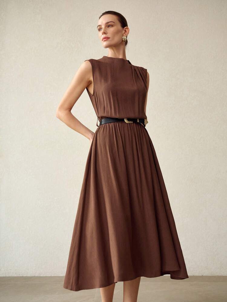 WOMEN'S NEW SLEEVELESS MANDARIN COLLAR WITH BELT CLASSIC MID-LENGTH DRESS, SPRING/SUMMER