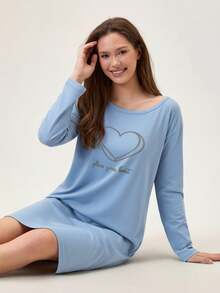Loomlin Women Cotton Blue Grey HeartLettered Round Neck Printed Long Sleeve Pajama Dress Home House Sleeping Autumn Casual - Baby Blue - View 5