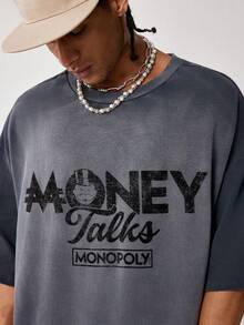 MONOPOLY X SHEIN 男士圆领字母印花休闲百搭日常短袖T恤 - 黑色 - 查看 8