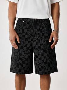MONOPOLY X SHEIN Men's Casual Checkered Print Denim Shorts, Summer - Black - View 3