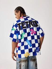 Tetris™ X SHEIN Men's Checkerboard Short Sleeve Single-Breasted Loose Shirt, - Blue and White - View 3