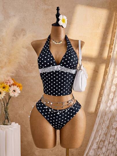 Bellisia 26SS Spring/Summer Vacation Beach Polka Dot Sweet Cute Black & White Lace Camisole Bikini Two Pieces Swimwear 2026 New Women's Swimwear ArrivalFor School,Suitable For Holiday, Date, Afternoon Tea, Western, Cruise, Beach, Island, Road Trip, All Seasons, Music Festival, Boho Vacation,Bohemian Vacation, Chill Autumn ,Western Boho ,Elegant Tops For Women