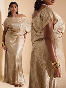 SHEIN BAE Plus Size Autumn/Winter Solid Gold Textured Asymmetric Shoulder Top, Gold Women's Oblique Shoulder Top, Suitable For Nightclub Party, Going Out , Old Money, Work/Office, Business Casual Woman, Office For Women, Valentine's Day - Gold - View 9