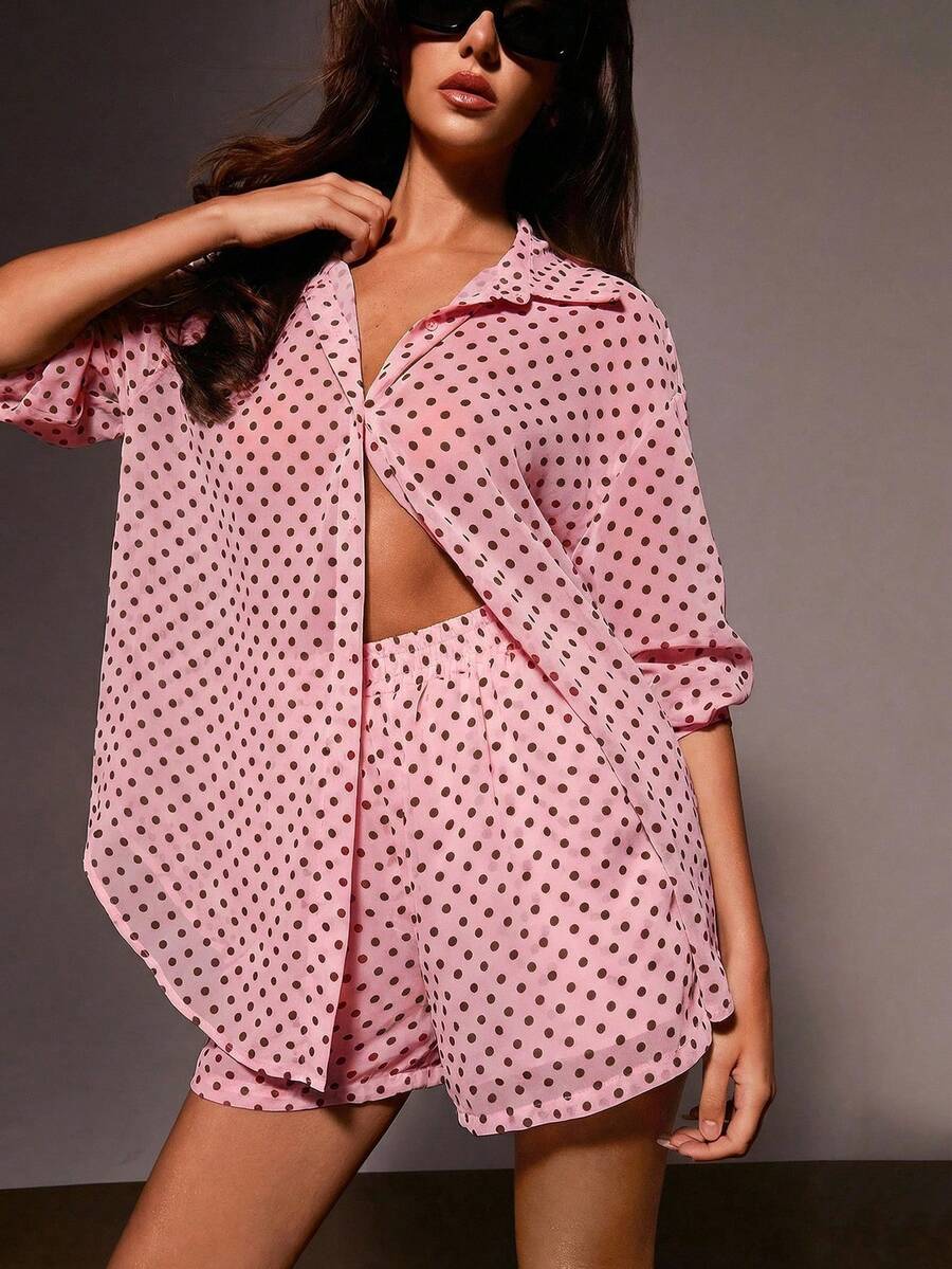 Athîral 女士夏季休闲波点印花衬衫和短裤两件套 - 淺粉色 - 查看 1