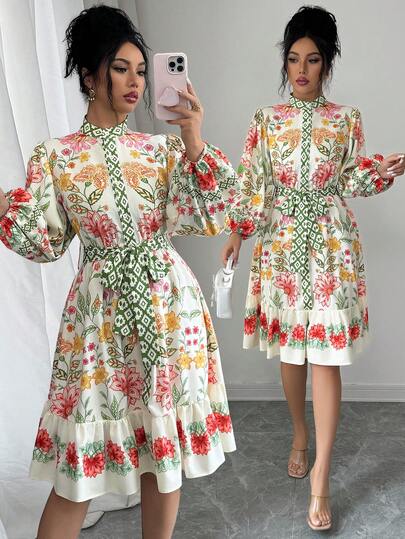 SHEIN Elenzya Women's Floral Print Tie-Waist Midi Dress, Fashionable For Vacation, Date, And Outings