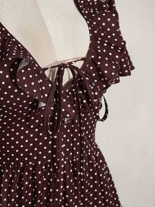 SHEIN ICON 大码女装春夏复古性感优雅通勤休闲日常V领荷叶边波点棕色宽松连衣裙复古波点连衣裙 - 棕色 - 查看 10