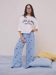 Athîral 2pcs Women's Casual Bear Print Pajama Set, Bear Print T-Shirt And Striped Pants - Multicolor - View 6