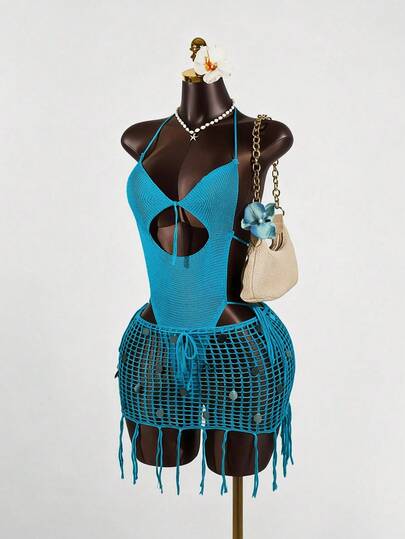 SaltGleam SaltGleam Sexy Backless Summer Camisole Top & Sequins Decor Skirt Two Pieces Set, Casual Holiday Outfit