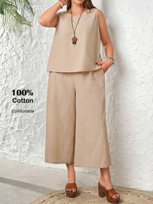 Rosumi Conjunto de 2 piezas de talla grande para mujer con top sin mangas de cuello redondo y pantalones capri con bolsillos, color caqui - Caqui - Ver 7