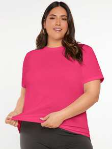 EMERY ROSE Plus Size Women's Solid Color Round Neck Short Sleeve Casual Versatile T-Shirt - Hot Pink - View 1