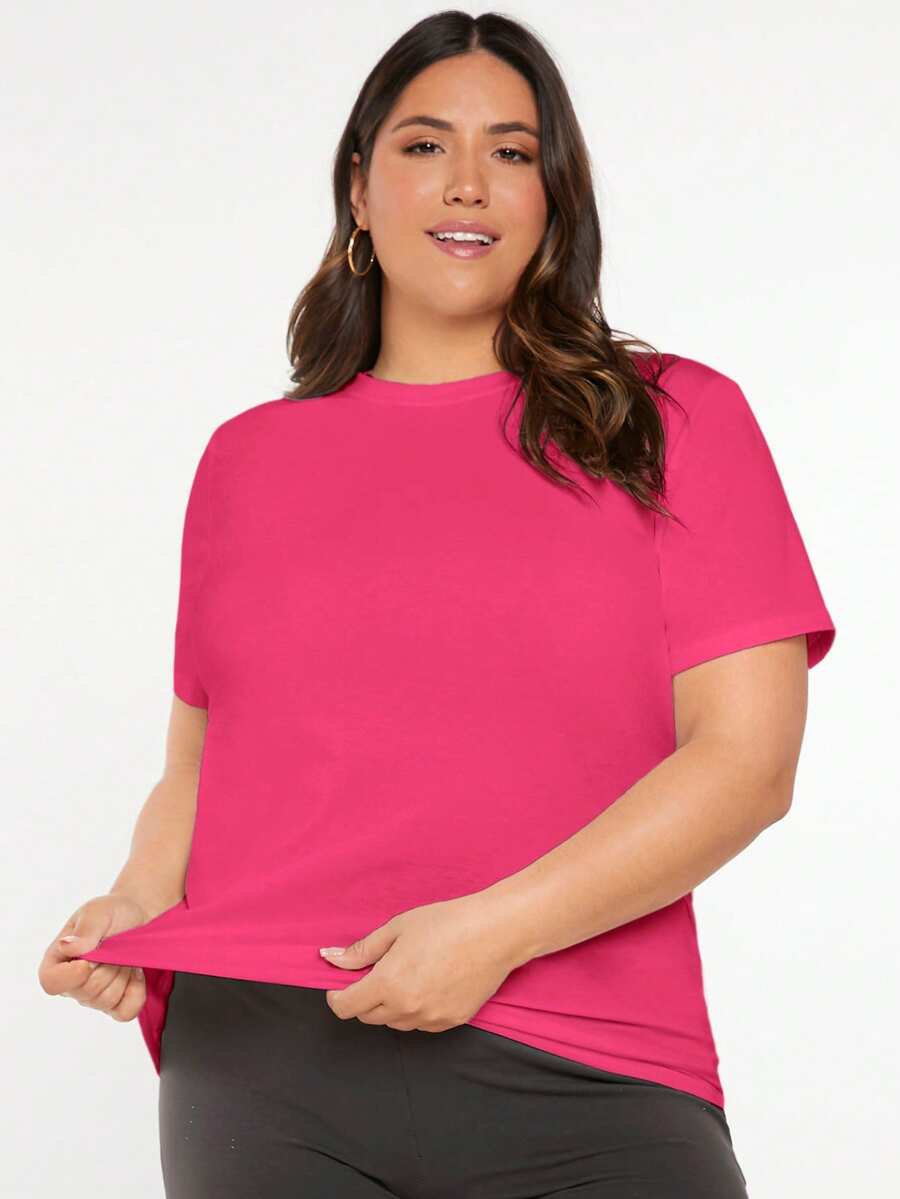 EMERY ROSE Plus Size Women's Solid Color Round Neck Short Sleeve Casual Versatile T-Shirt - Hot Pink - View 1