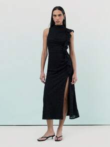 KSTM Vestido largo elegante de encaje negro con fruncido lateral y abertura alta para ocasiones especiales de noche - Negro - Ver 1