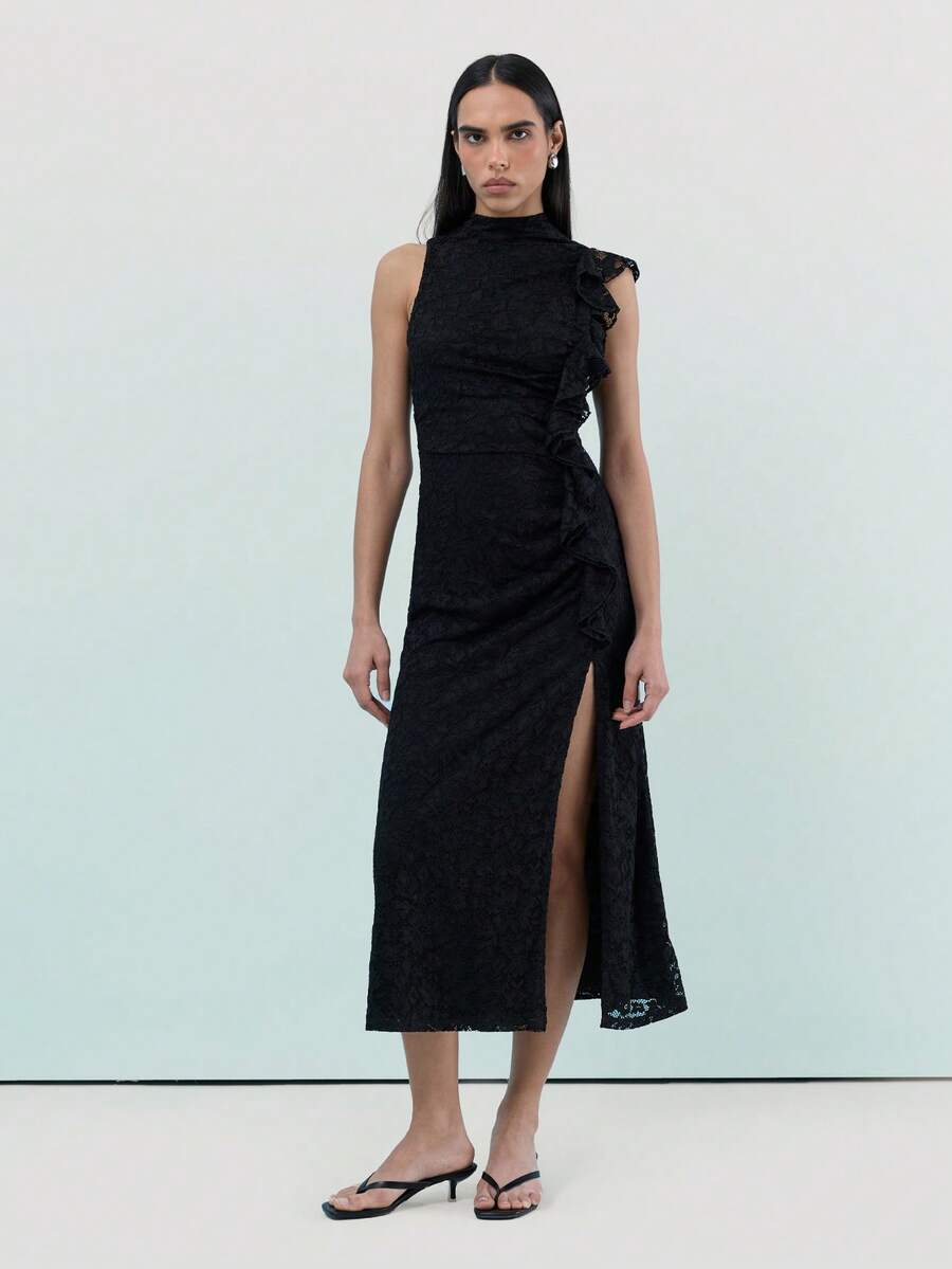 KSTM Elegant Black Lace Long Dress With Side Ruching And High Slit For  Evening Special OccasionsMISSGUIDED