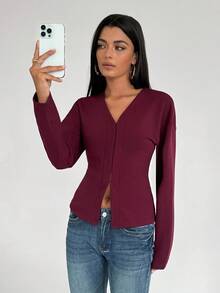 Aloruh 女士时尚法式复古V领落肩超大酒红色针织T恤女士长袖女士冬季上衣 - 酒紅色 - 查看 6