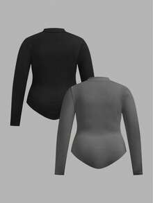 SHEIN Tall CURVE 加大码女士黑白两件套拉链高领连体衣套装，休闲长袖 - 灰色 - 查看 2
