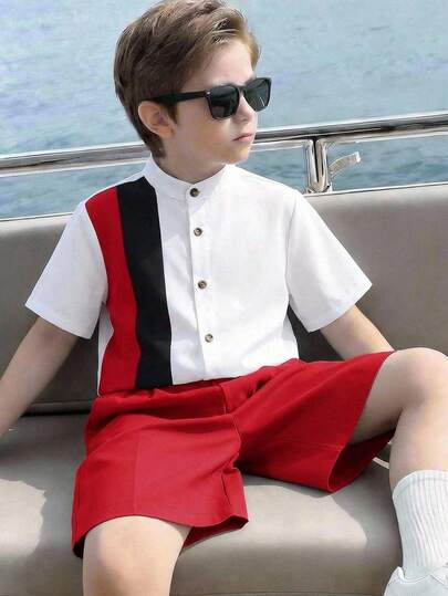 SHEIN Conjunto de 2 piezas para niño preadolescente con camisa de manga corta con cuello Mao de color contrastante y parches, y pantalones cortos con cintura elástica y bolsillo, adecuado para otoño, primavera, verano, juegos al aire libre, escuela, estilo callejero, fiestas y ocio